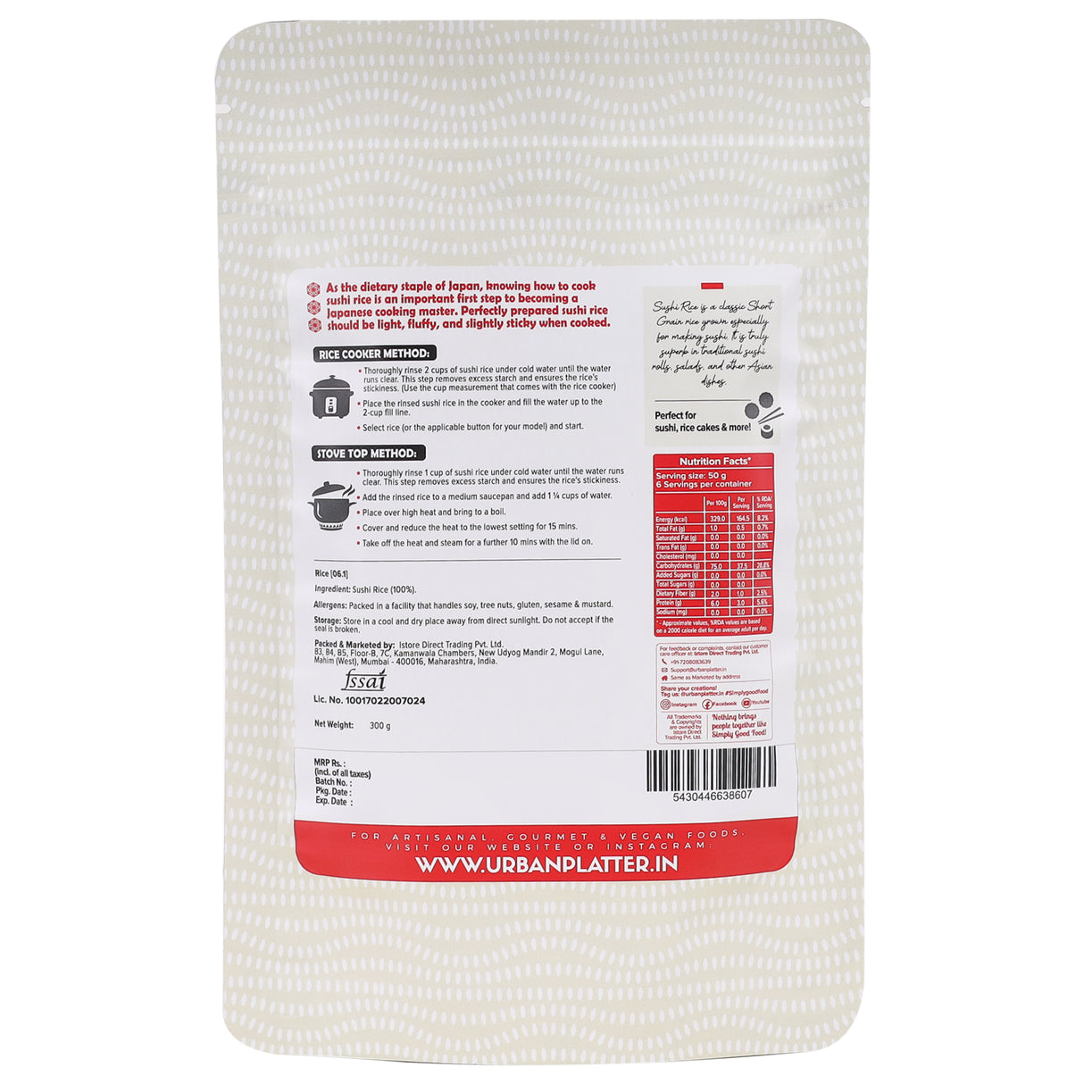 Urban Platter Short-grain Sushi Rice, 300g (Sticky, Chewy, Aromatic Asian Rice)