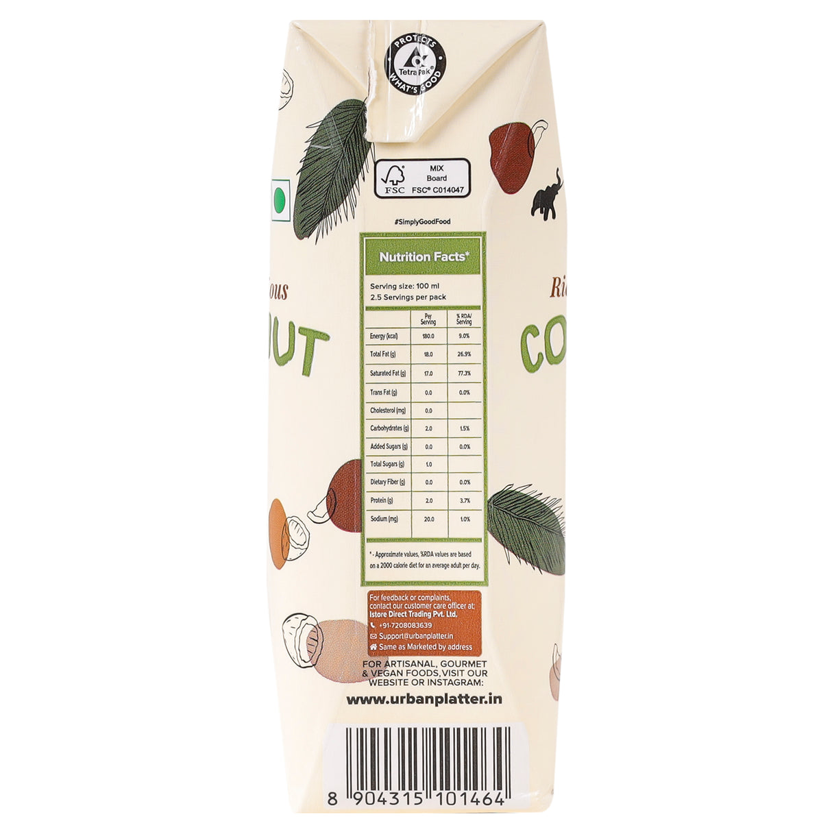 Urban Platter Coconut Milk, 250 ML (Additive Free | 18% Fat)
