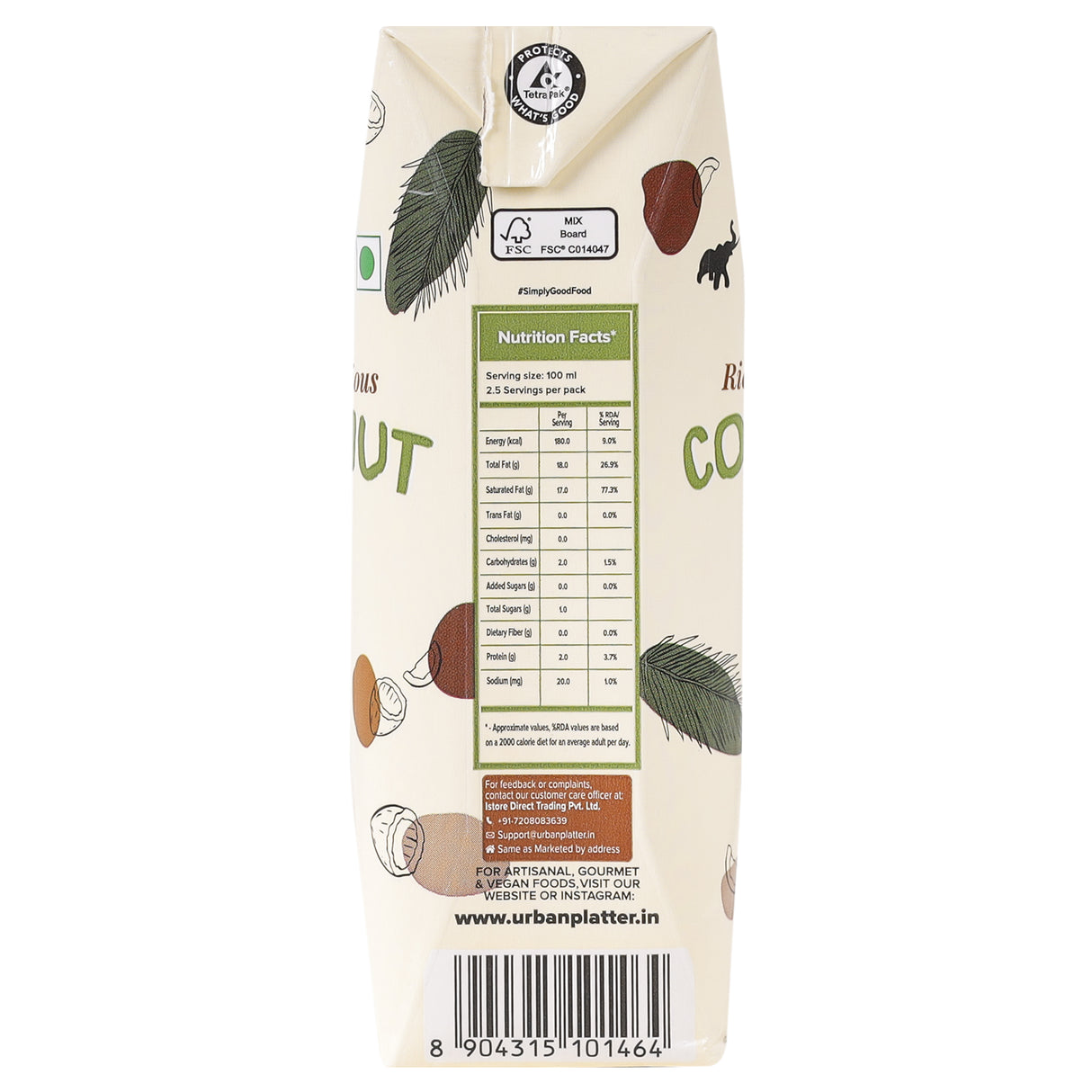 Urban Platter Coconut Milk, 250 ML (Additive Free | 18% Fat)