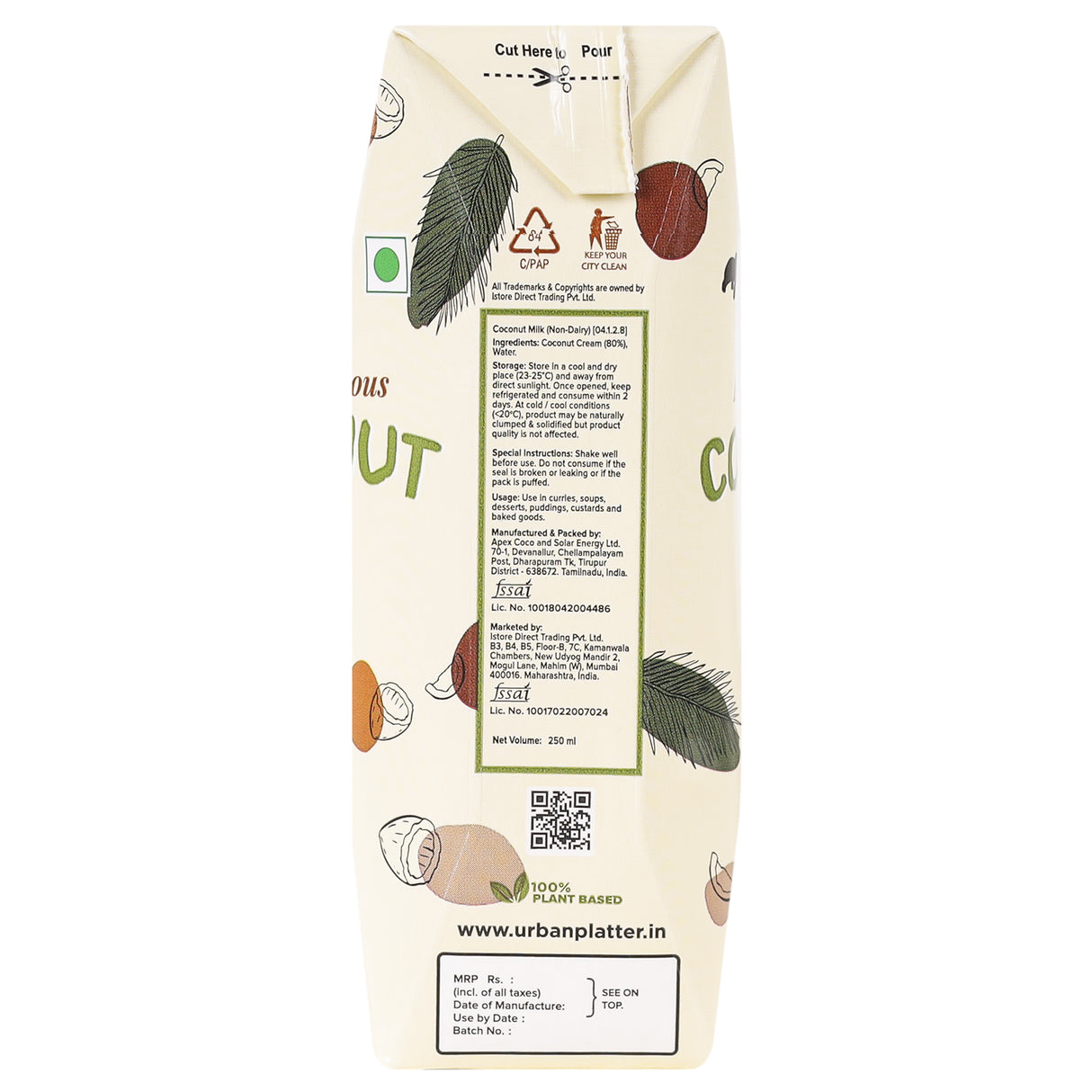 Urban Platter Coconut Milk, 250 ML (Additive Free | 18% Fat)