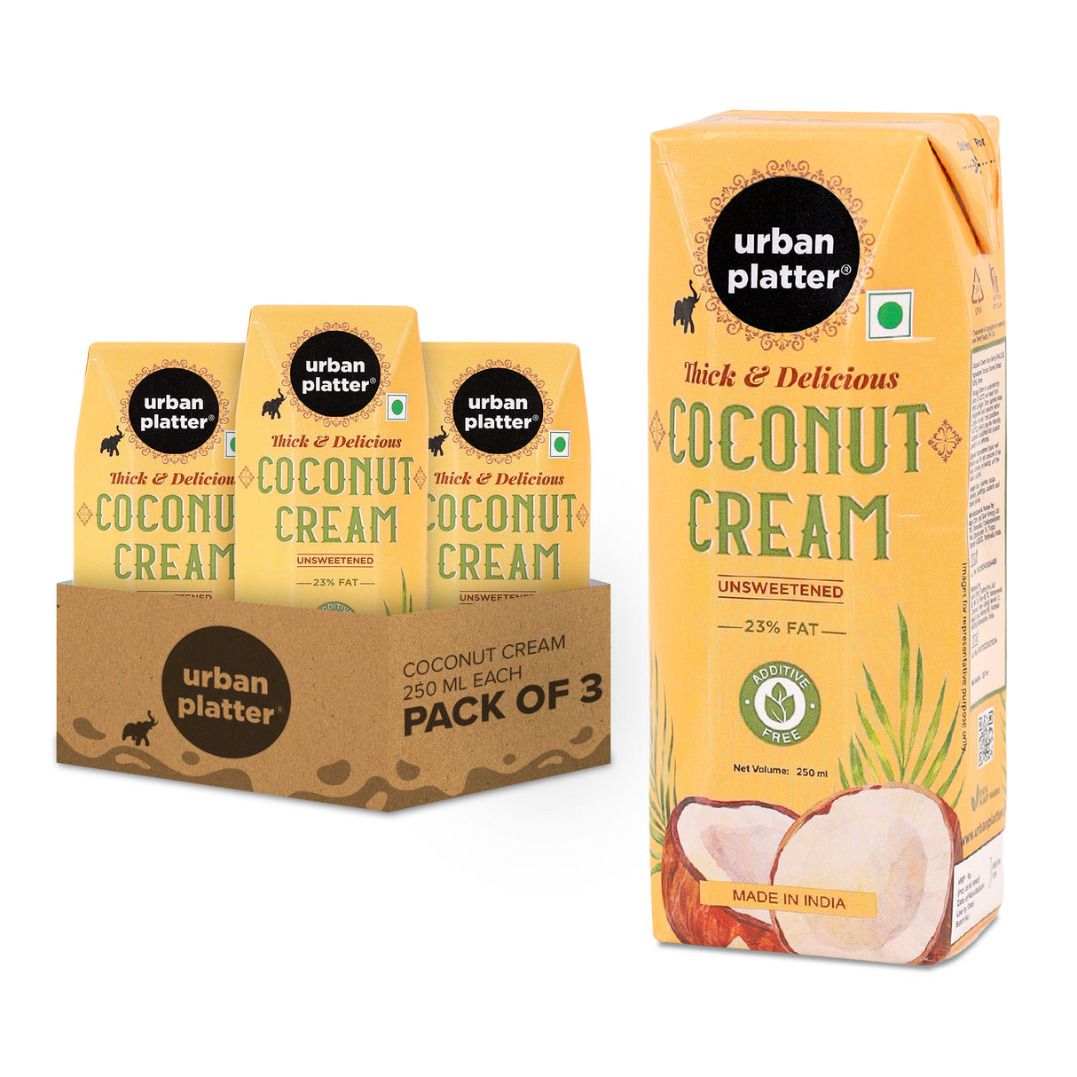 Urban Platter Unsweetened Coconut Cream, 250ml [ 23% Fat, Additive-Free, Made in India, 100% Pure & Thick, Clean Label]