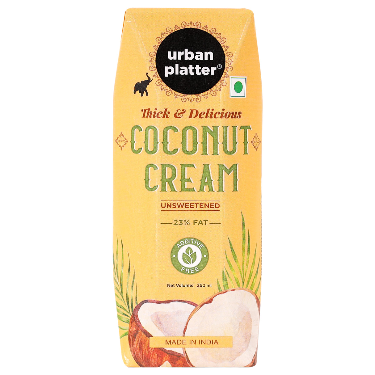 Urban Platter Unsweetened Coconut Cream, 250ml [ 23% Fat, Additive-Free, Made in India, 100% Pure & Thick, Clean Label]