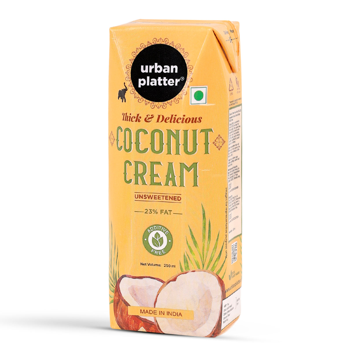 Urban Platter Unsweetened Coconut Cream, 250ml [ 23% Fat, Additive-Free, Made in India, 100% Pure & Thick, Clean Label]