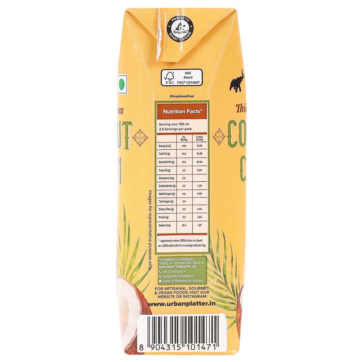 Urban Platter Unsweetened Coconut Cream, 250ml [ 23% Fat, Additive-Free, Made in India, 100% Pure & Thick, Clean Label]