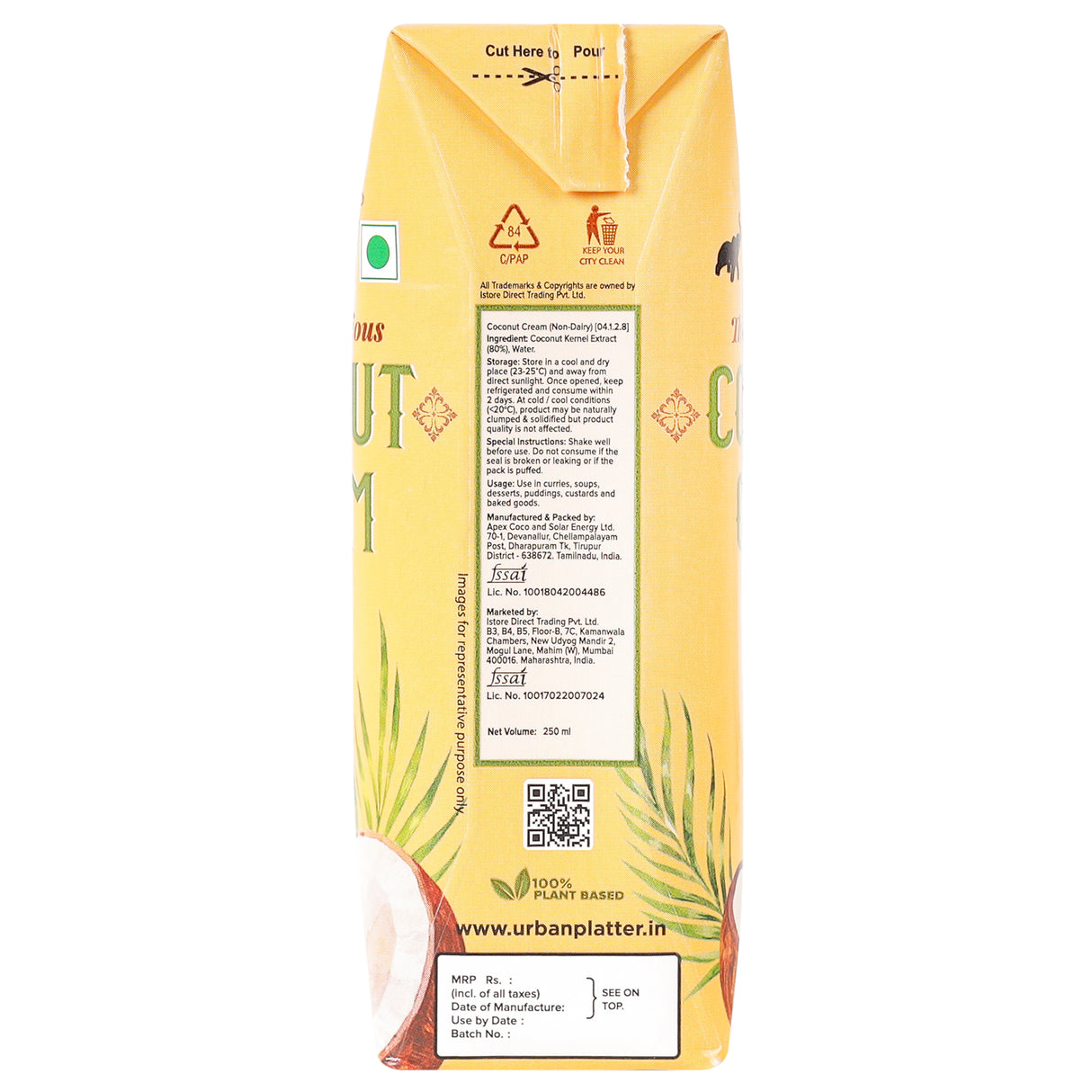 Urban Platter Unsweetened Coconut Cream, 250ml [ 23% Fat, Additive-Free, Made in India, 100% Pure & Thick, Clean Label]