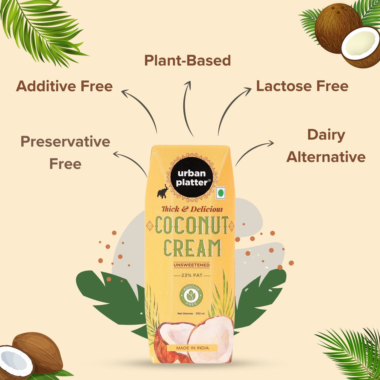 Urban Platter Unsweetened Coconut Cream, 250ml [ 23% Fat, Additive-Free, Made in India, 100% Pure & Thick, Clean Label]