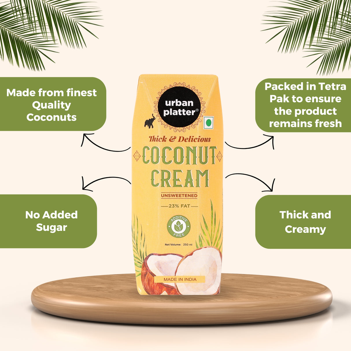 Urban Platter Unsweetened Coconut Cream, 250ml [ 23% Fat, Additive-Free, Made in India, 100% Pure & Thick, Clean Label]