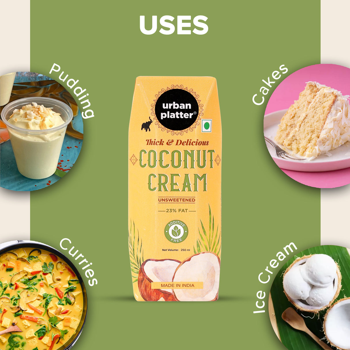 Urban Platter Unsweetened Coconut Cream, 250ml [ 23% Fat, Additive-Free, Made in India, 100% Pure & Thick, Clean Label]