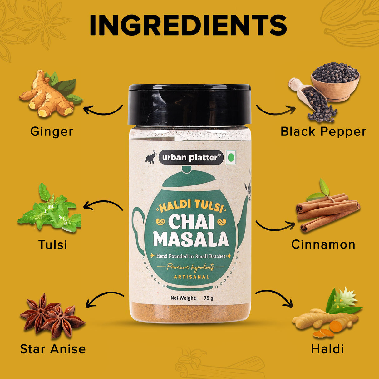 Haldi Tulsi Chai Masala, 75g (Turmeric & Basil | Artisanal Tea Spice | Hand Pounded | Strong Aroma and Flavour)