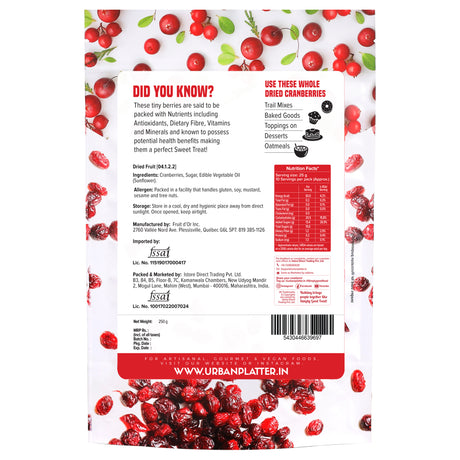 Urban Platter Dried Canadian Whole Cranberry, 250g (Dried Fruit Berries | Snack Pack | Sweet & Tarty)