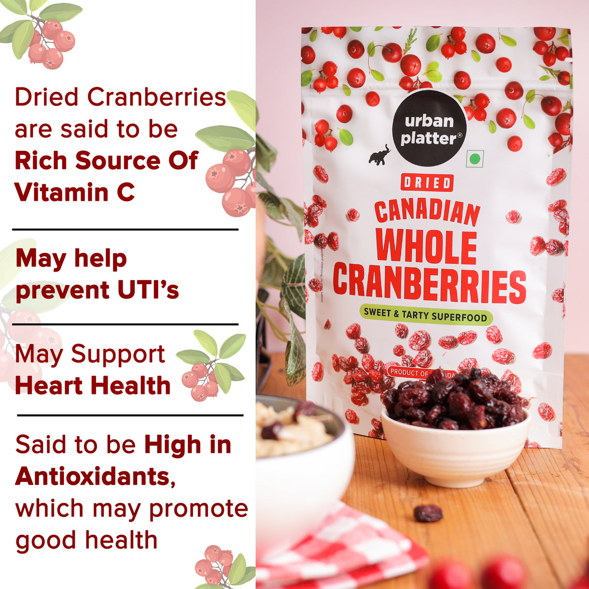 Urban Platter Dried Canadian Whole Cranberry, 250g (Dried Fruit Berries | Snack Pack | Sweet & Tarty)