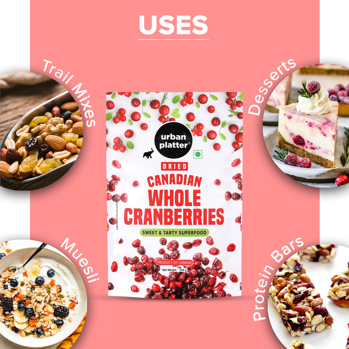 Urban Platter Dried Canadian Whole Cranberry, 250g (Dried Fruit Berries | Snack Pack | Sweet & Tarty)