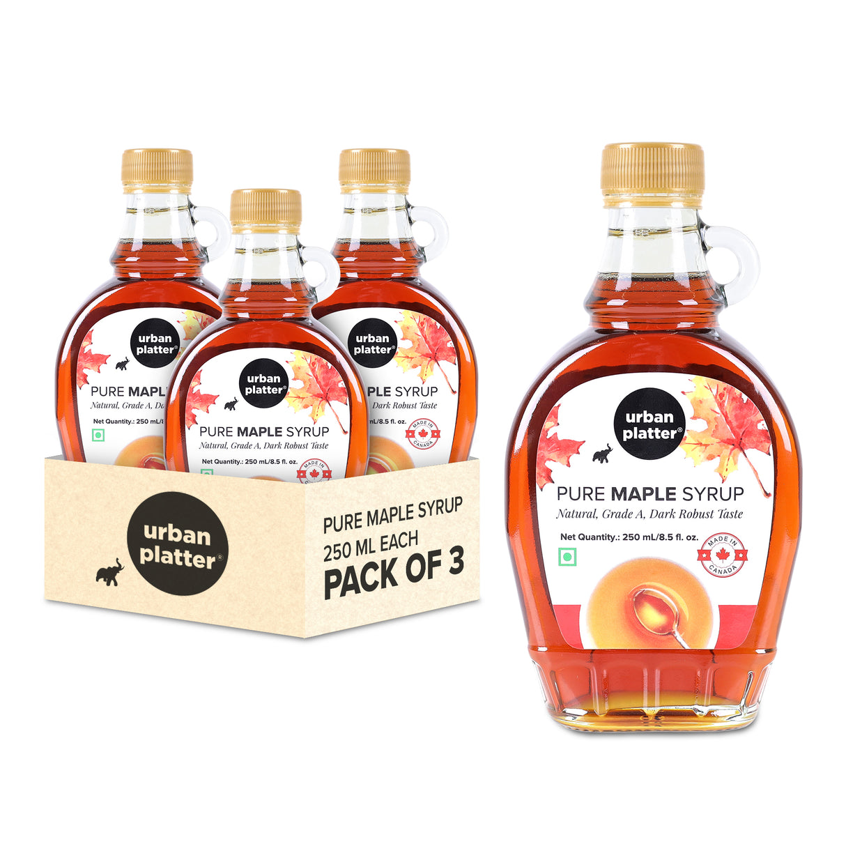 Urban Platter Pure Maple Syrup, 250ml [Pack of 3 |Product of Canada | Grade A | Robust Taste]