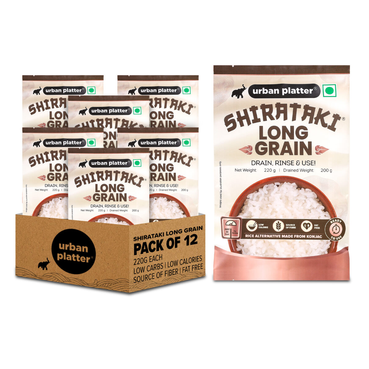 Urban Platter Shirataki Long-Grain Rice, 220g (Keto-Friendly | Low-Carb | Low-Calories | Fat-Free | Gluten-Free | Konjac Miracle Rice)