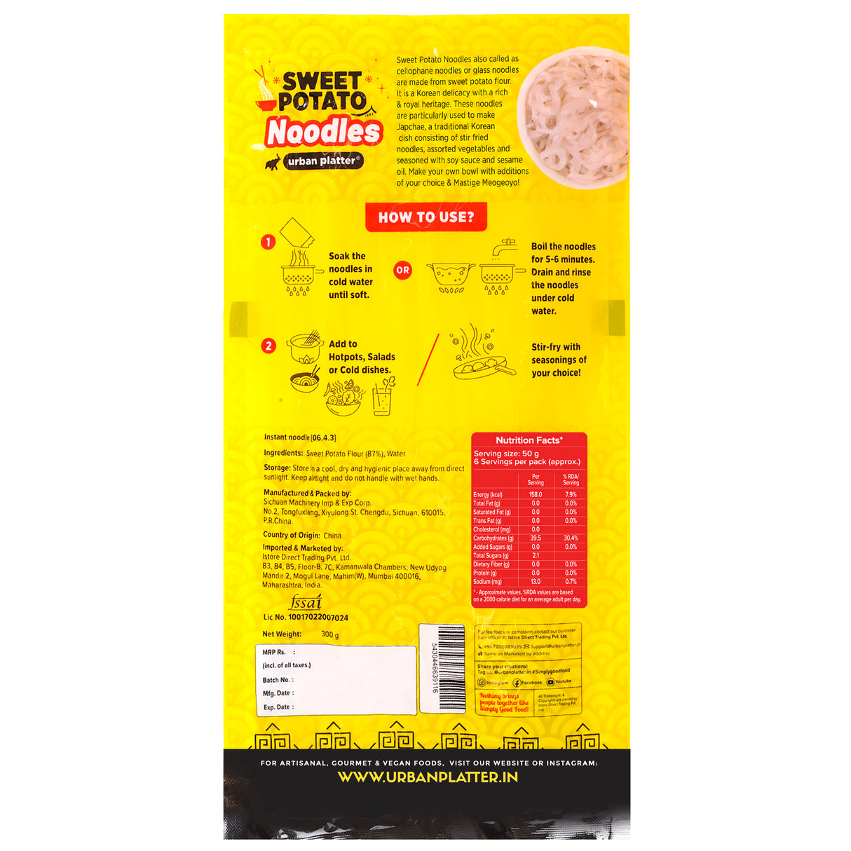 Urban Platter Sweet Potato Noodles (Dangmyeon), 300g (Korean Style Japchae Noodles| Glass Noodles | Additive Free | Gluten Free)