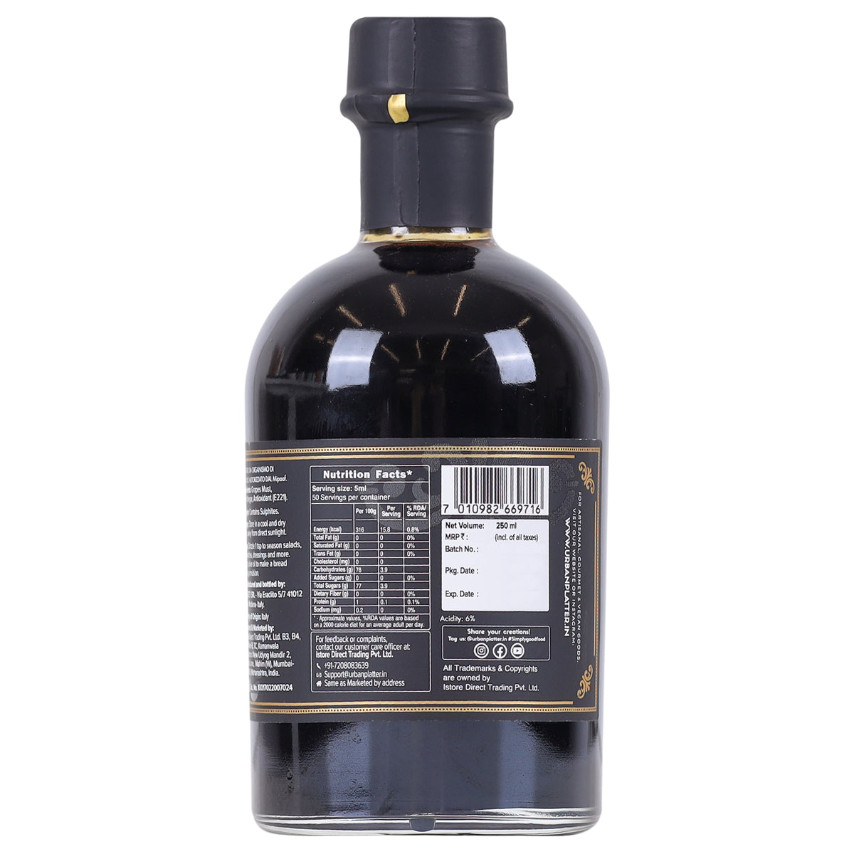Italian Balsamic Vinegar of Modena, 250ml (Aceto Balsamico Tradizionale di Modena DOP, Aged for 3 years, Intense Grape Must Vinegar)