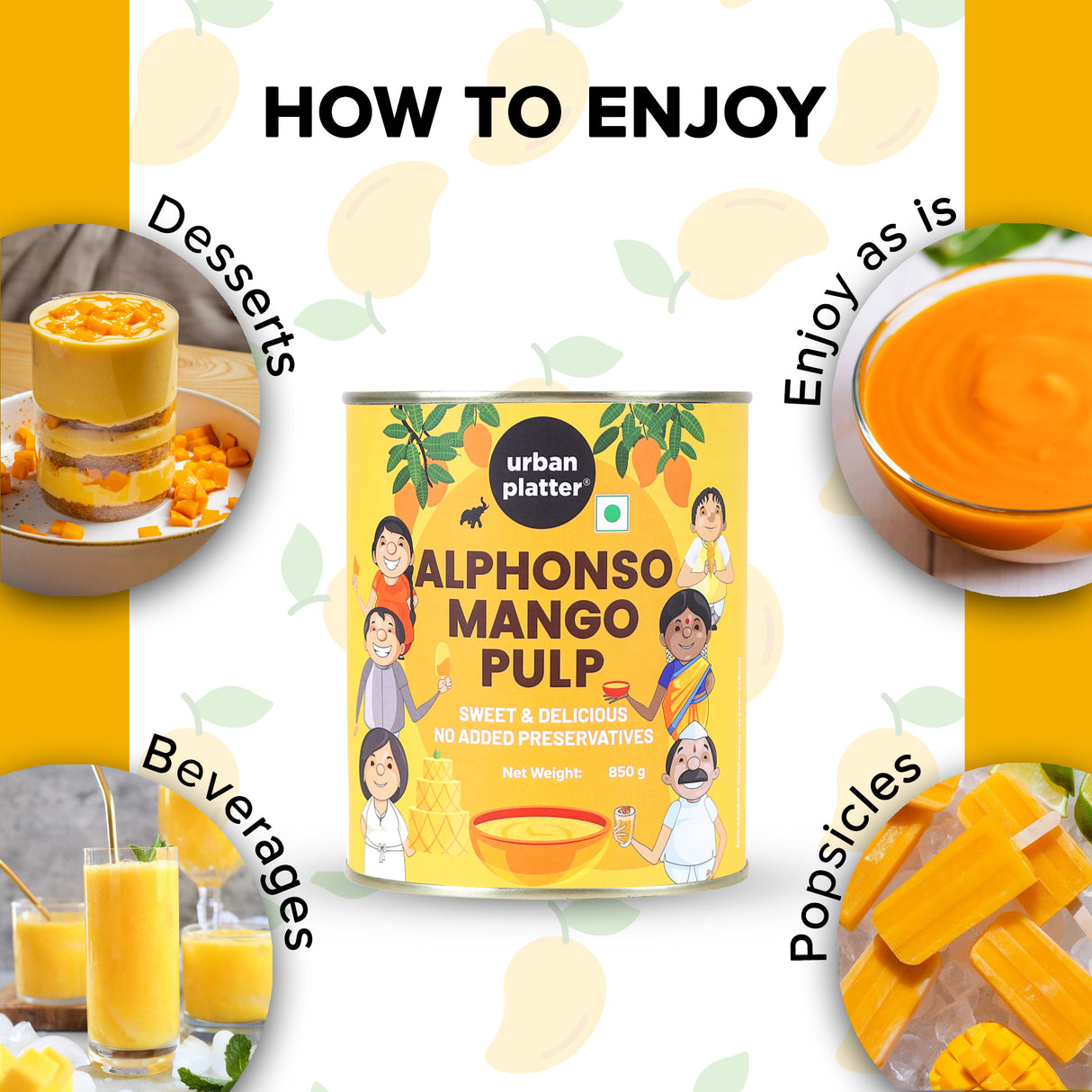 Urban Platter Alphonso Mango Pulp, 850g (Add to flavour lassi, baked goods, shakes, smoothies, desserts | Preservative-Free)