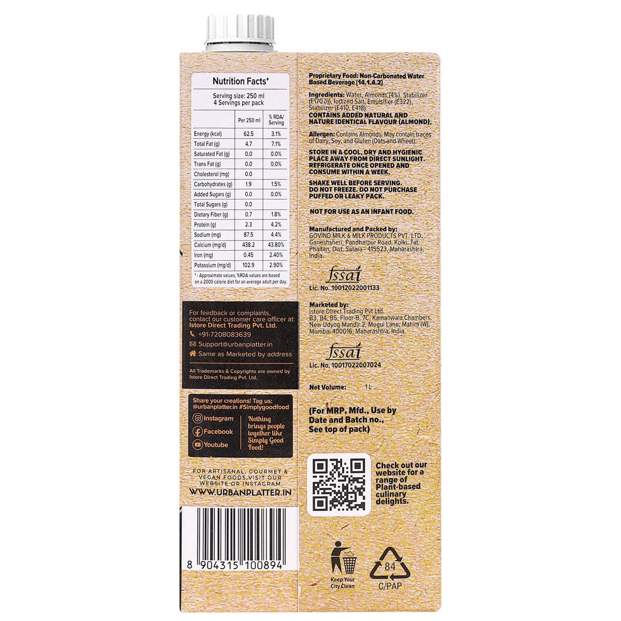 Urban Platter Almond Milk, 1 Litre [Unsweetened, Lactose-Free, Plant-Based Milk Alternative]
