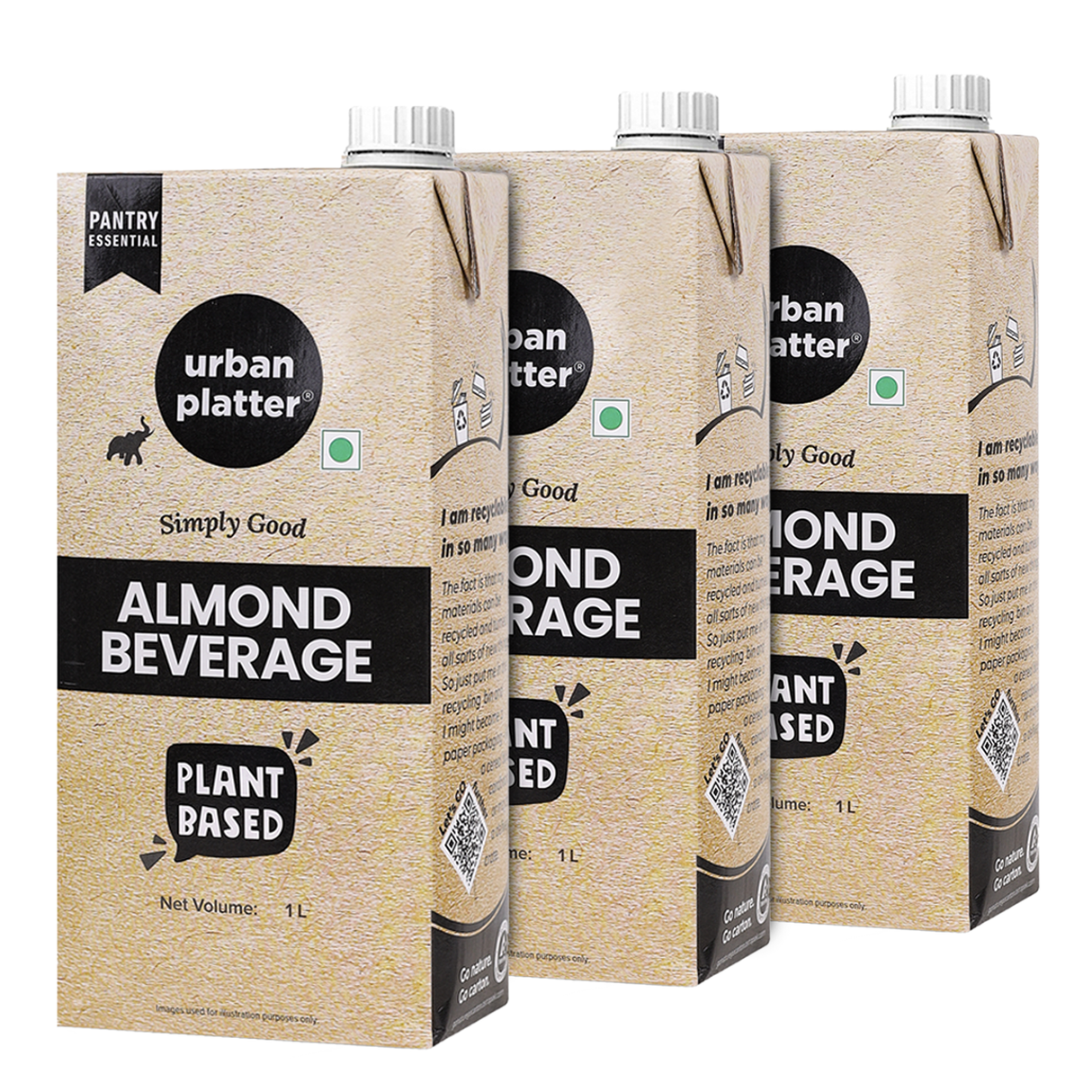 Urban Platter Almond Milk, 1L [Pack of 3, Unsweetened, Dairy-free, Plant-based]