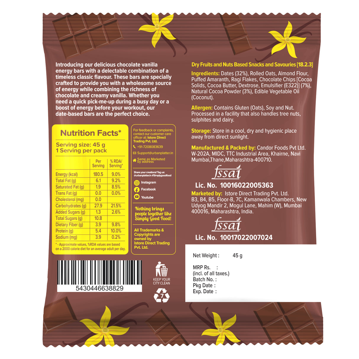 Urban Platter Chocolate Vanilla Jool Bars, 45g (Medjool Date Based | Energy Bars | Pack of 1 | Plant Based | With Rolled Oats and Almond Flour)