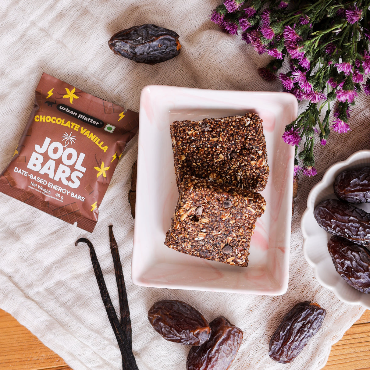 Urban Platter Chocolate Vanilla Jool Bars, 45g (Medjool Date Based | Energy Bars | Pack of 1 | Plant Based | With Rolled Oats and Almond Flour)