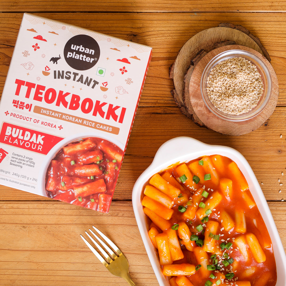 Urban Platter Instant Tteokbokki - Buldak, 240g (With Seasoning Premix |  Spicy Snack | Soft and Chewy Rice Cakes | Korean Street Delicacy)
