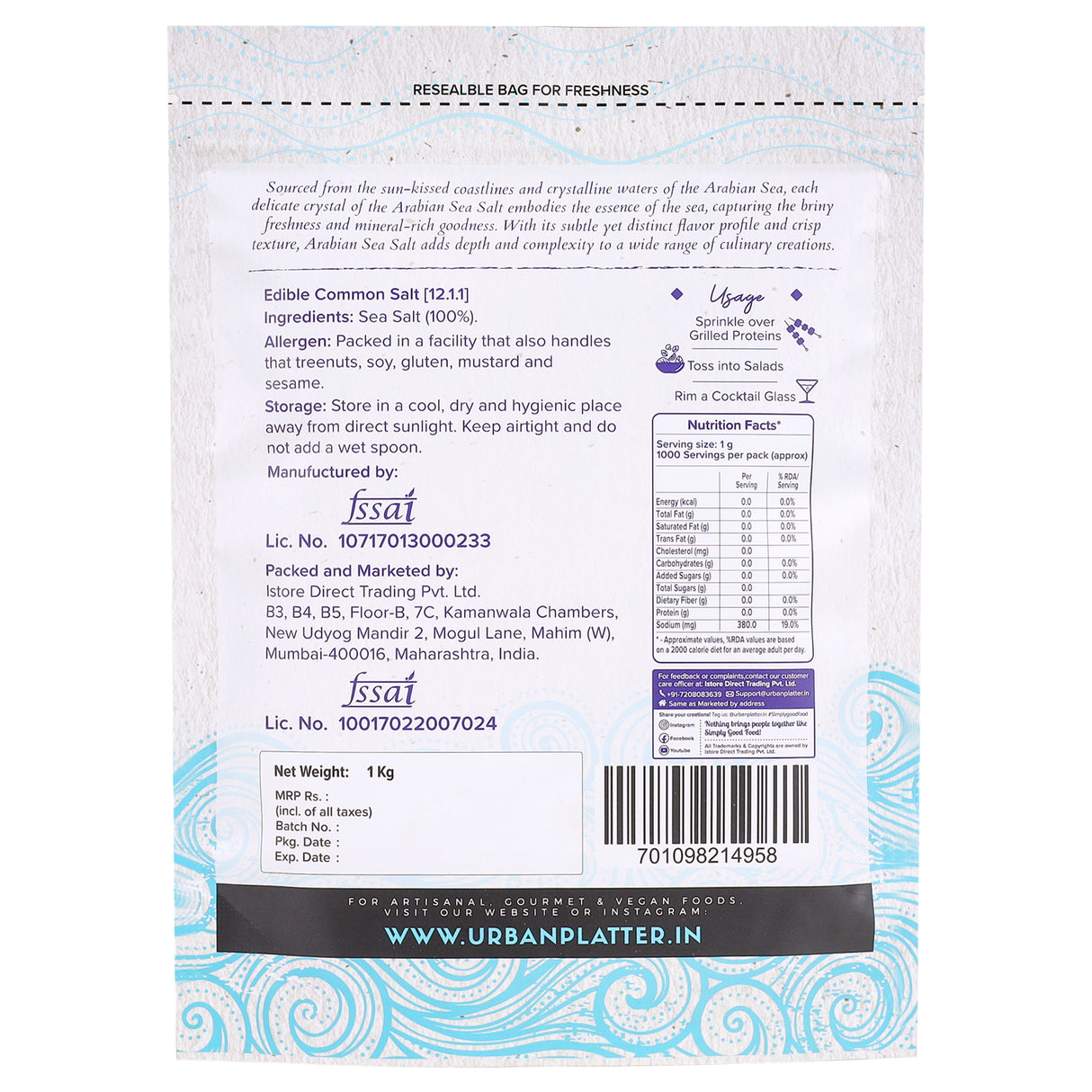 Urban Platter Arabian Sea Salt Crystals, [Unrefined | Non-iodised | Impurity Free | Optically sorted | Natural Sea Salt | Use for pickling, scrubs, Herbal infusions]