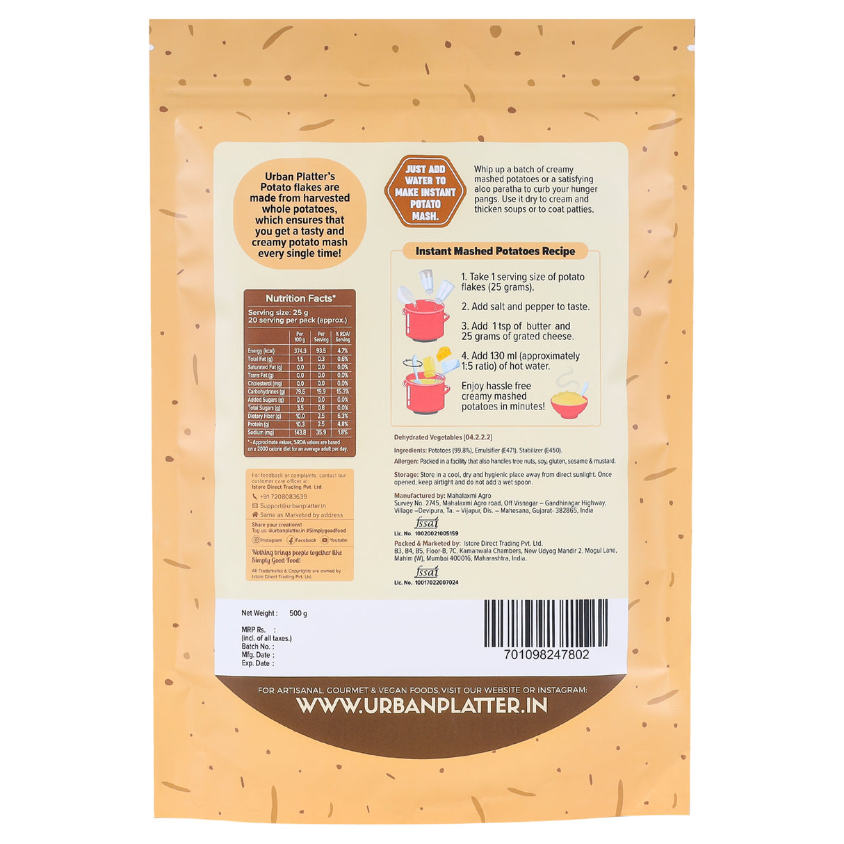 Urban Platter Potato Flakes, 500 g (Dehydrated Potato Flakes | Ready to Use Dried Potato Bits | Quick and Convenient)