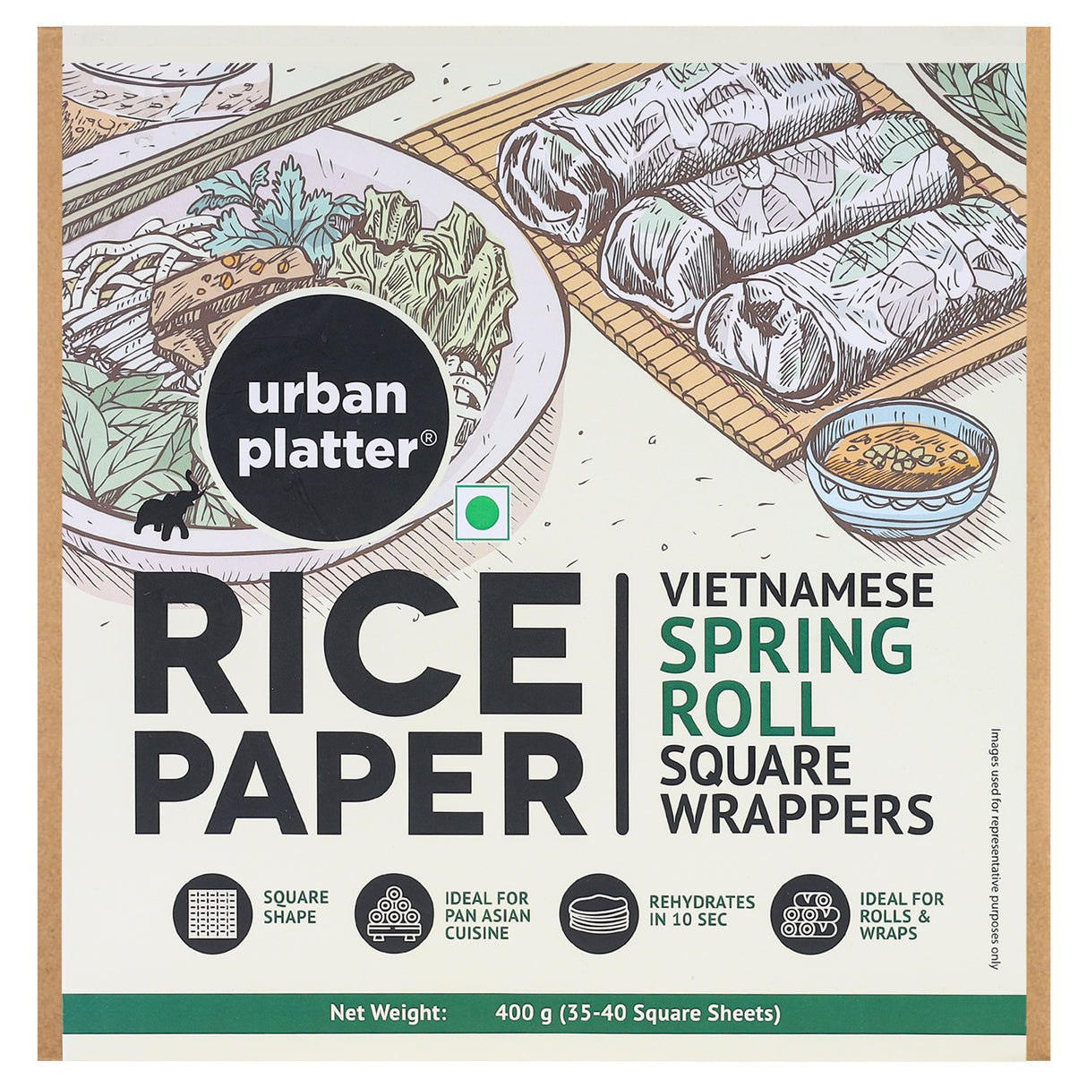 Urban Platter Square Rice Paper Sheets, 400g (Vietnamese Spring Roll Wrappers |  Gluten Free | 22 cm each | Easy To Roll)