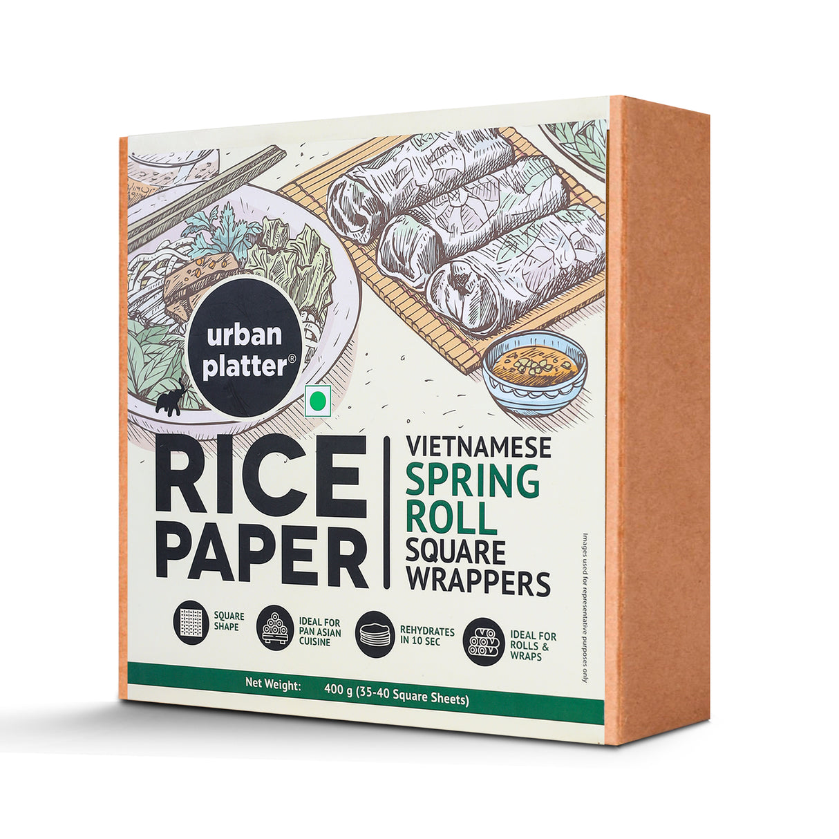 Urban Platter Square Rice Paper Sheets, 400g (Vietnamese Spring Roll Wrappers |  Gluten Free | 22 cm each | Easy To Roll)