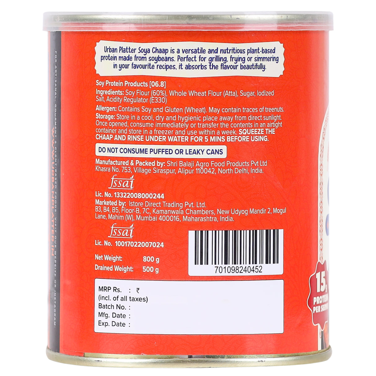 Urban Platter Soya Chaap in Brine, 800g (Canned | Chunks on Stick | Drained Weight - 500g, Rich in Plant Protein| Soy Chap)
