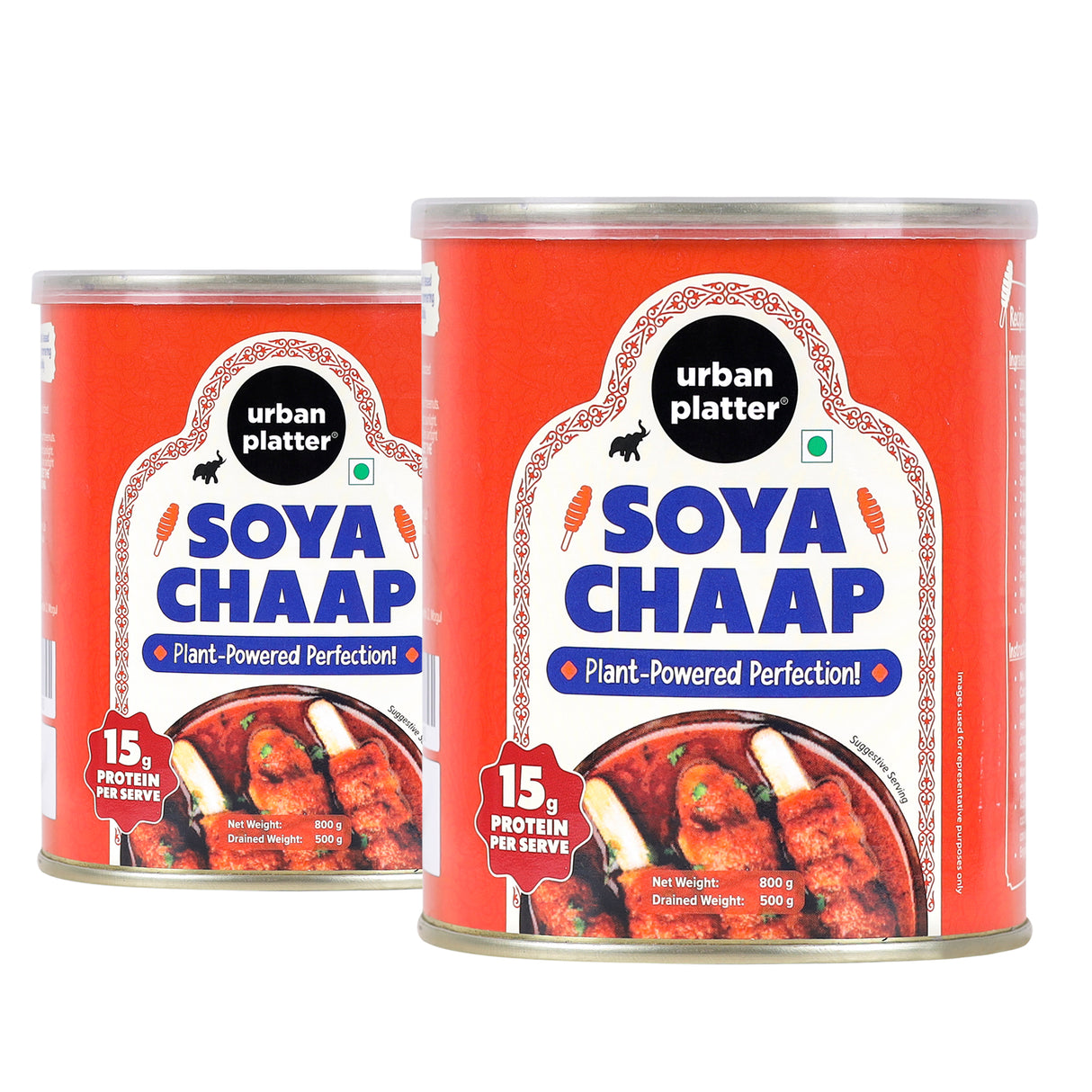 Urban Platter Soya Chaap in Brine, 800g (Pack of 2)(Canned | Chunks on Stick | Drained Weight - 500g, Rich in Plant Protein| Soy Chap)
