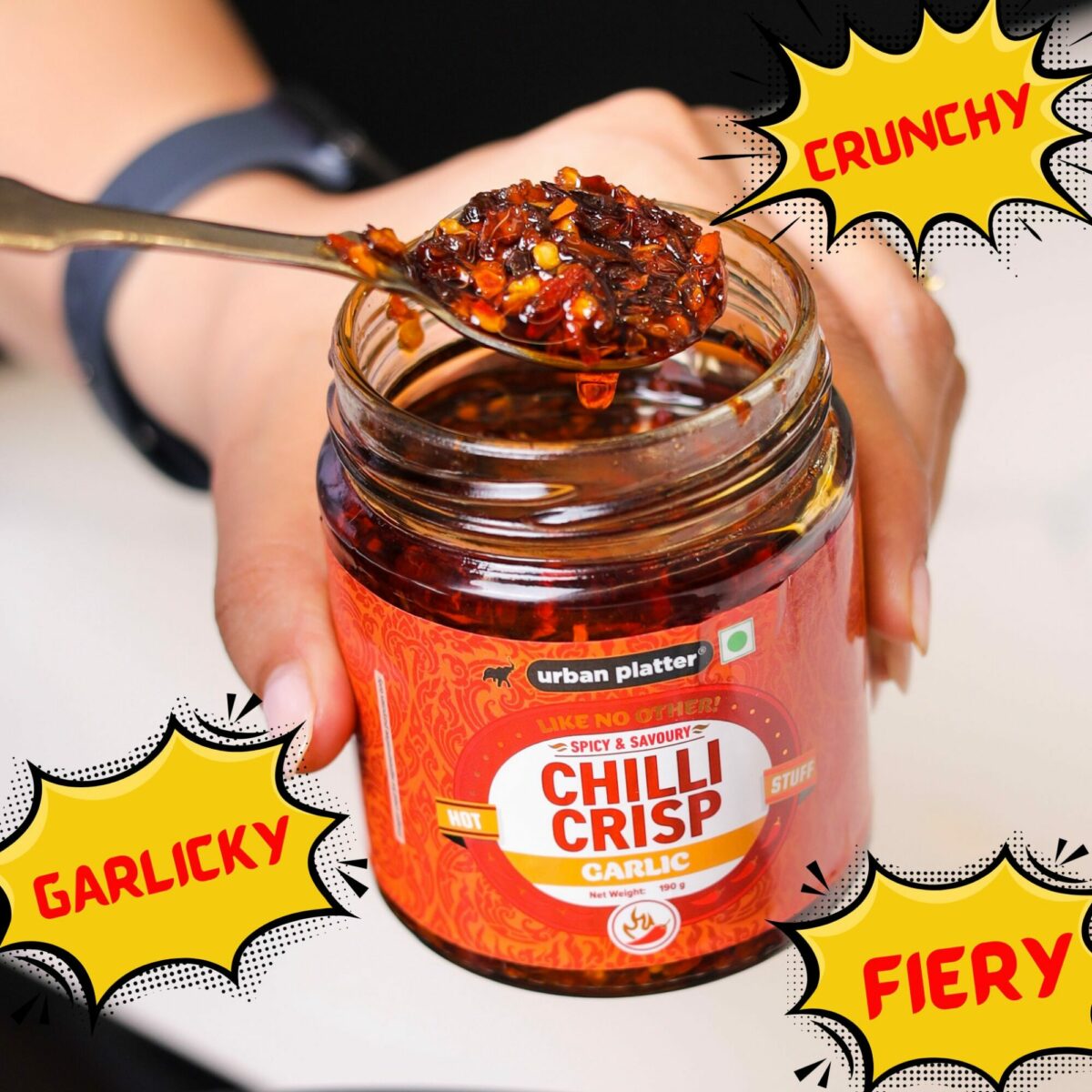 Urban Platter Chilli Garlic Crisp, 190g (Crunchy Chilli and Garlic in Sunflower Oil |  Versatile Condiment | Spicy | Savoury)