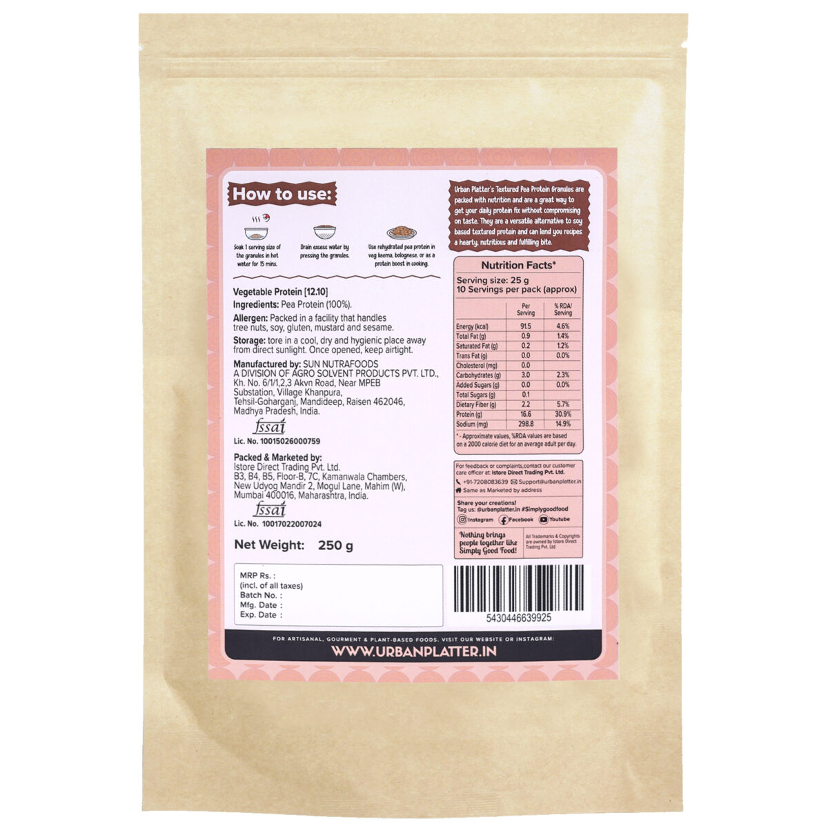 Urban Platter Pea Protein Granules, 250 g (Plant Based Protein | Additive Free | High in Protein)