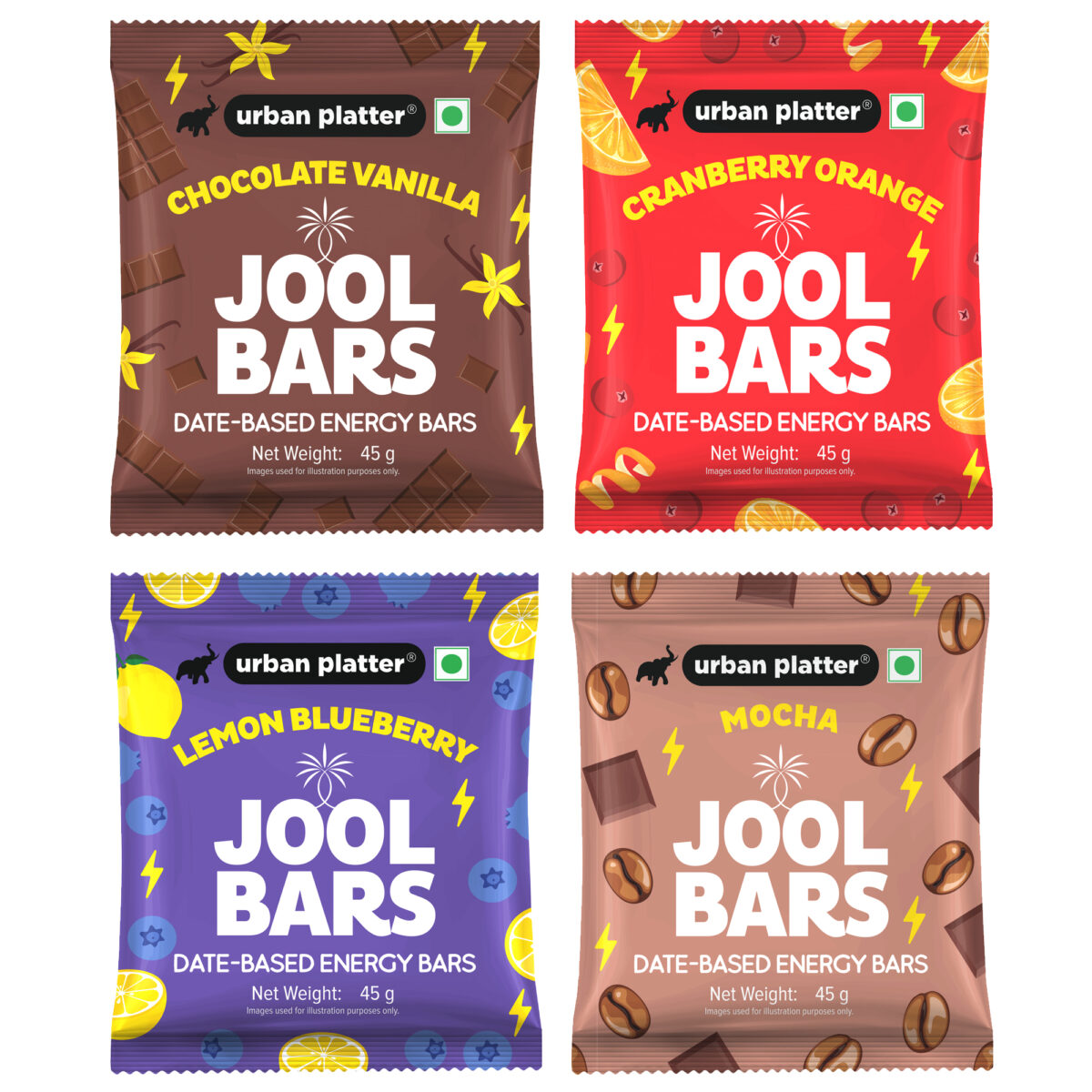 Urban Platter Assorted Jool Bars Combo Pack, 45g each (Medjool Date Based | Energy Bars | Plant Based | With Rolled Oats and Almond Flour | Lemon Blueberry, Cranberry Orange, Mocha, Chocolate Vanilla)