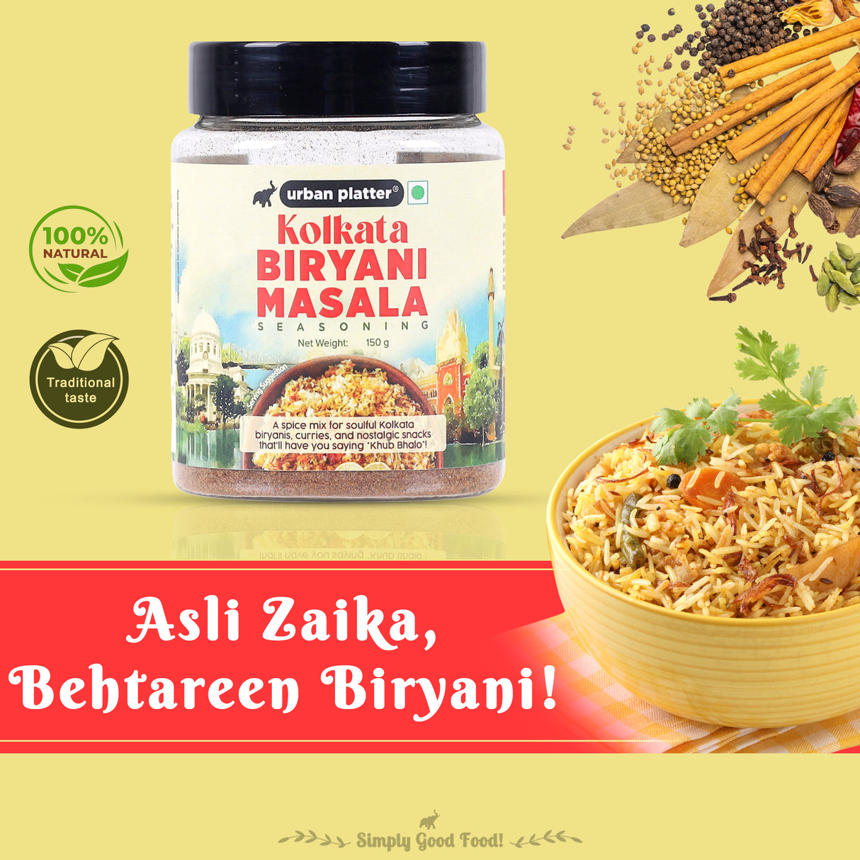 Urban Platter Kolkata Biryani Masala, 150g (Ready to Use | Preserved with Essential Oils)