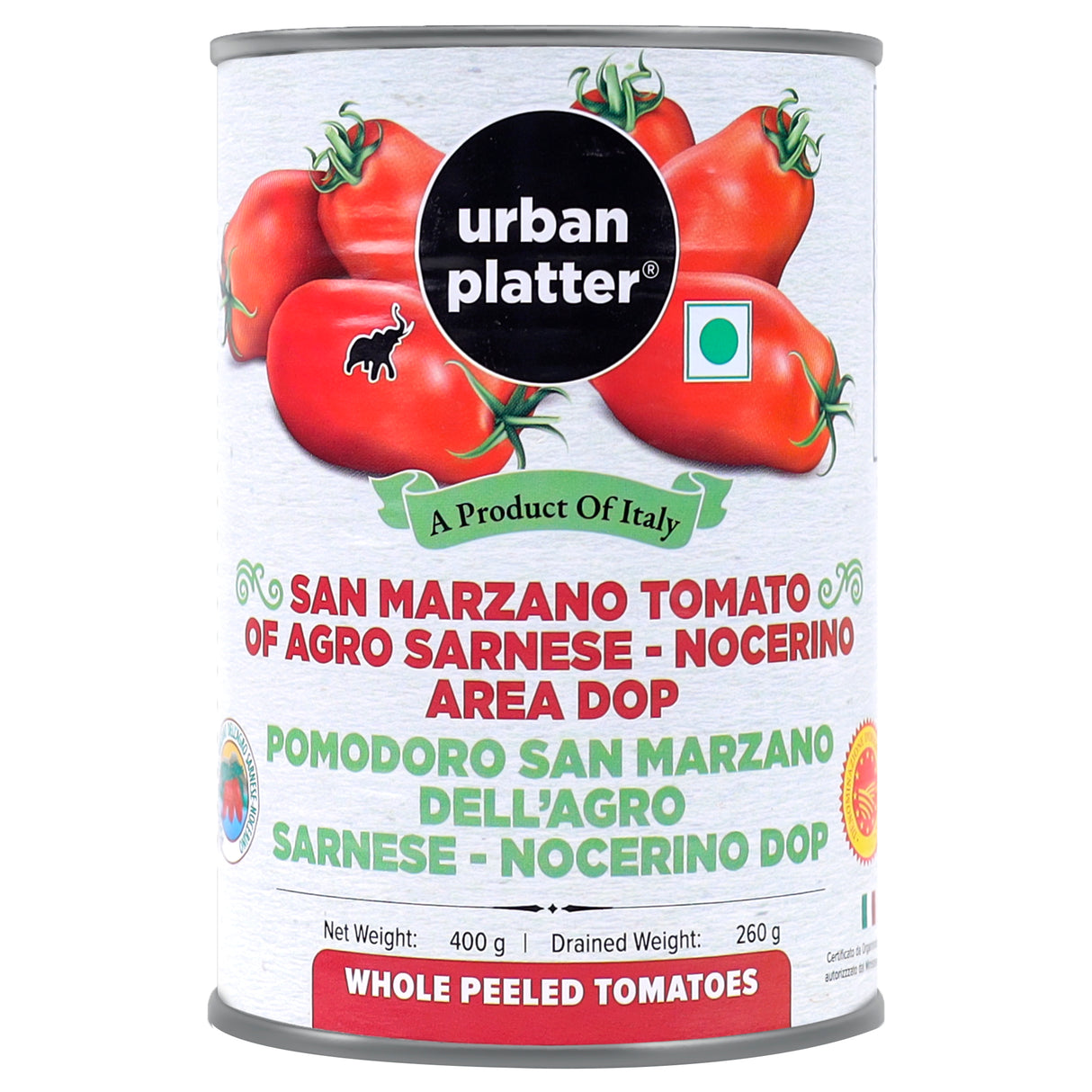 Urban Platter San Marzano Whole Peeled Tomatoes in Tomato Juice, 400g / 14oz [Drained Weight 260g, DOP, Tomates pelles dans le jus, Product of Italy]