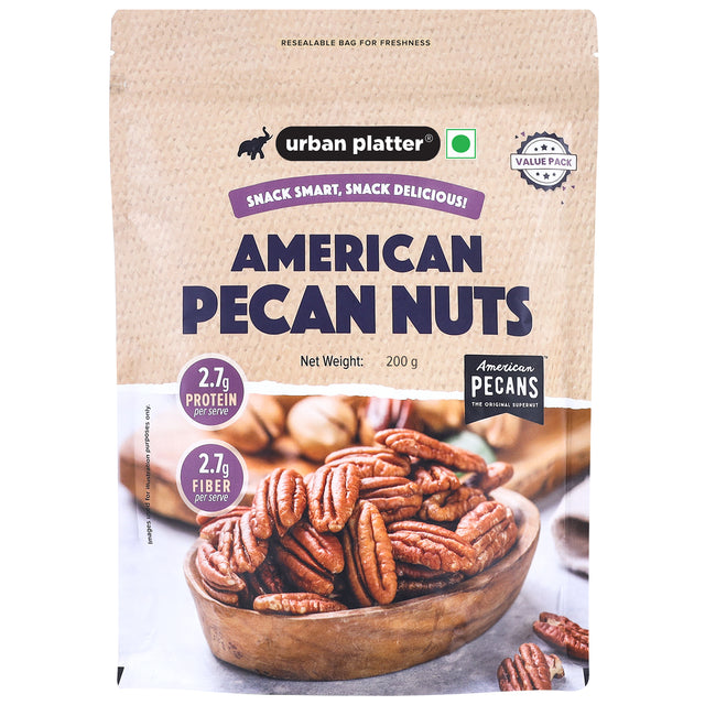 Urban Platter American Pecan Nuts, 200g (Rich in fibre & Healthy Fats | Antioxidant-Rich | Ideal for Snacking & Baking | Halves) - front pack