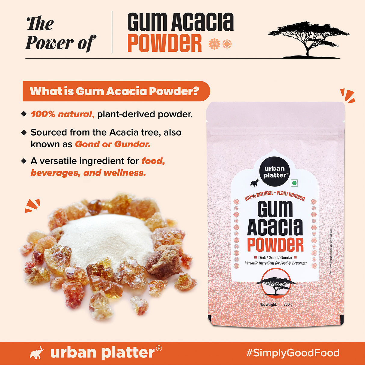 Urban Platter Gum Acacia Powder, 200g (Dink, Gond, Gunder)