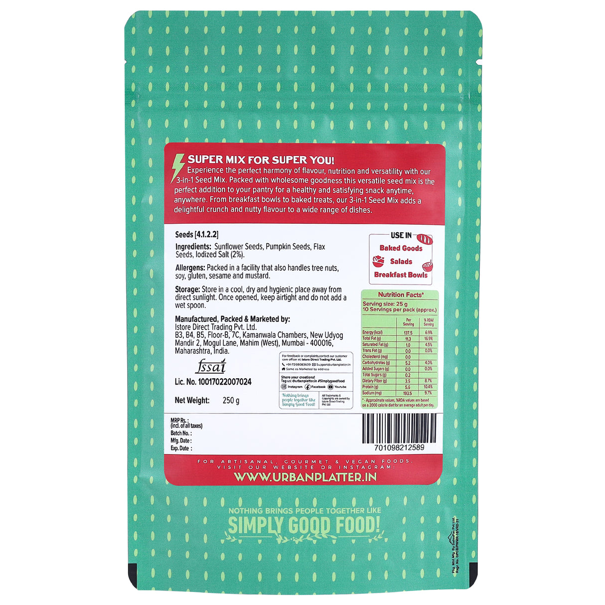 3-in-1 Super Seed Mix, 250g (Roasted and Salted | Sunflower | Pumpkin | Flax Seed)