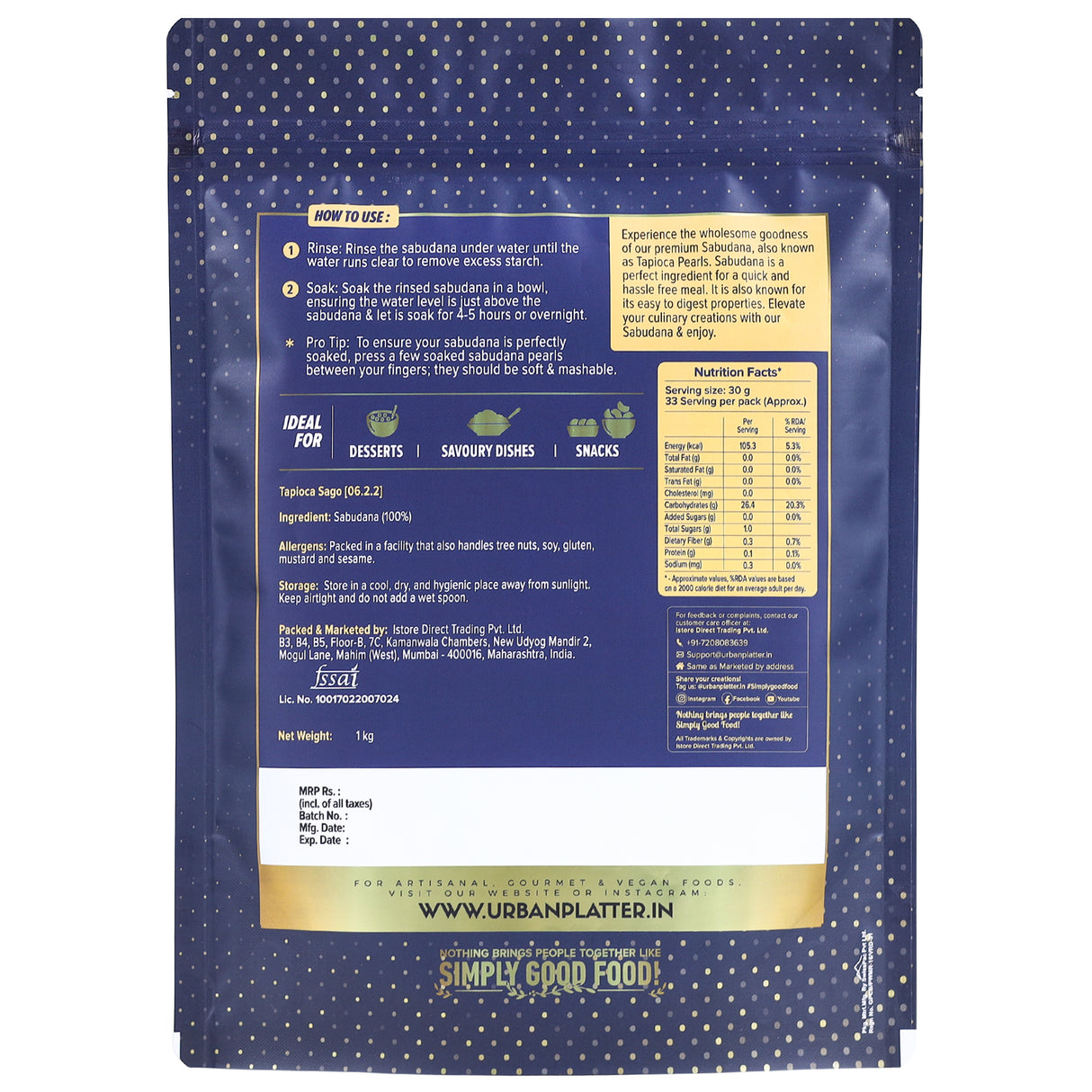 Urban Platter Tapioca Pearls Sabudana (Sago), 1Kg