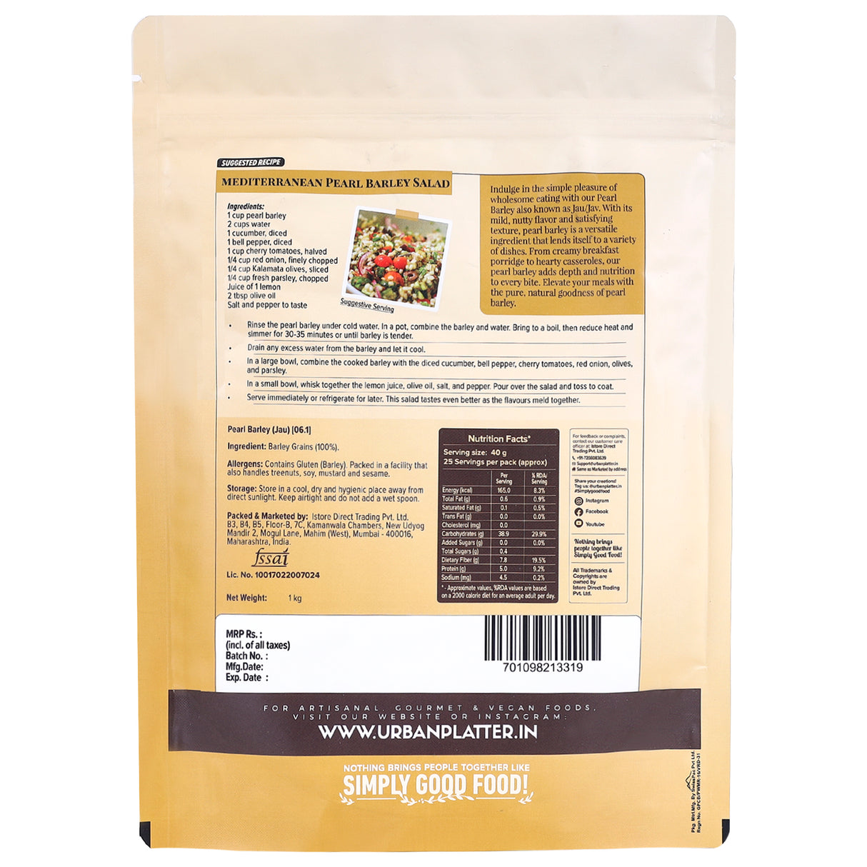 Urban Platter Pearl Barley (Jau), 1Kg [All Natural & Fiber-rich]