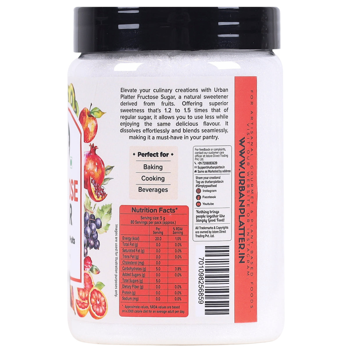 Urban Platter Pure Fructose Sugar, 400g / 14.11oz [Fruit-based, Finely Granulated & Free-flowing Sugar]