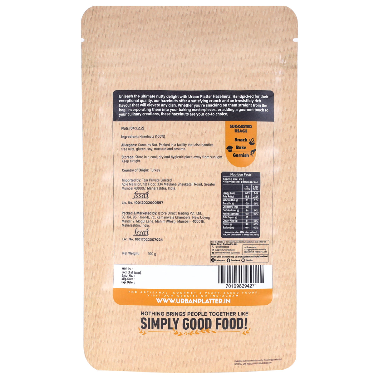 Urban Platter Exotic Hazelnut Kernels, 100g (Protein & Fibre-Rich | Nutrient-Dense | Perfect for Snacking & Desserts)