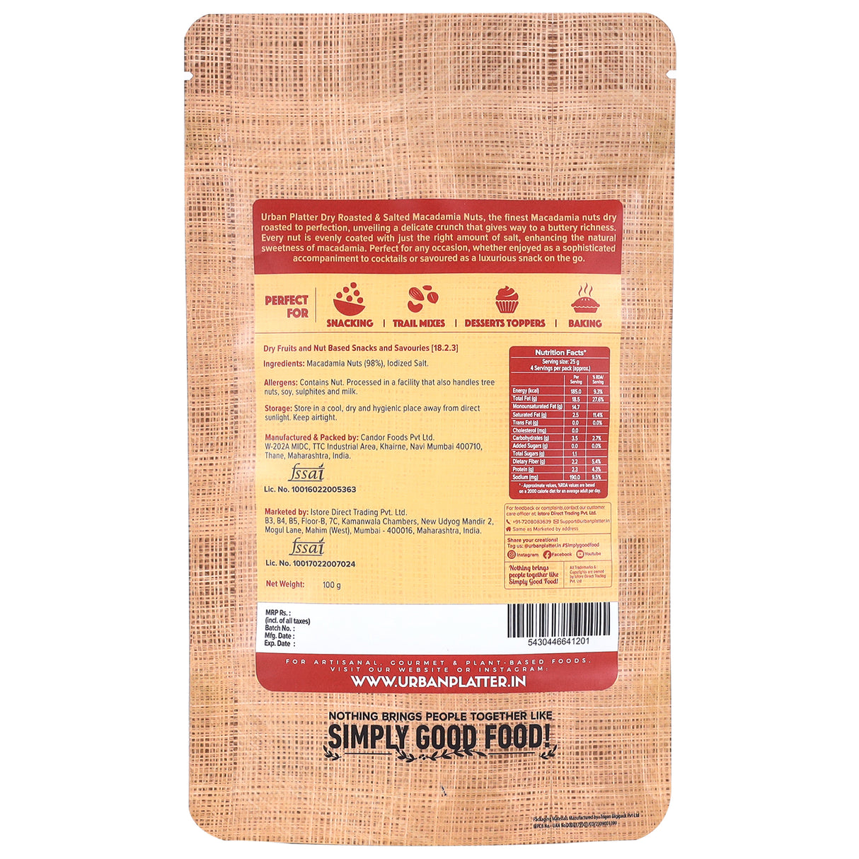 Urban Platter Roasted Salted Macadamia Nuts, 100g (Crunchy | Guilt-Free Snacking | Salted to Perfection)