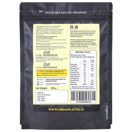 Urban Platter Cheese Balls, 100g (Cheddar Flavour, Plant-Based Snack)