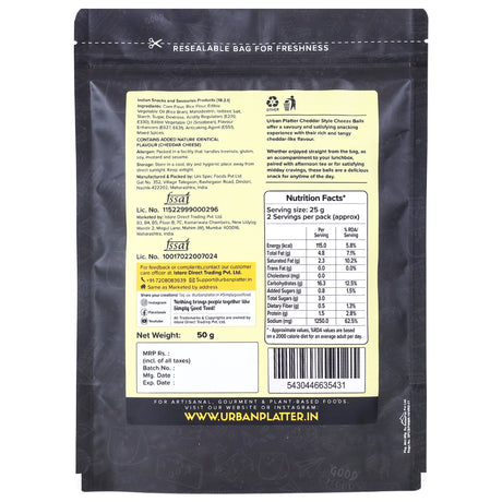 Urban Platter Cheese Balls, 50g (Cheddar Flavour | Plant-Based Snack)