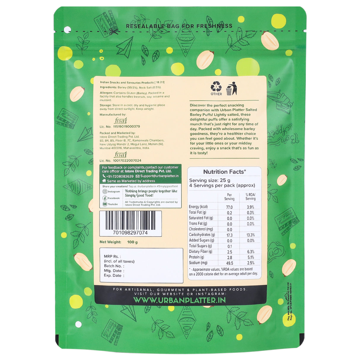 Urban Platter Barley Puff, 100g (Lightly Salted | High in Protein | Made from Whole Grain | Low-Fat Snack)