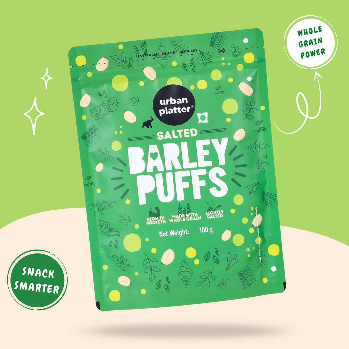 Urban Platter Barley Puff, 100g (Lightly Salted | High in Protein | Made from Whole Grain | Low-Fat Snack)
