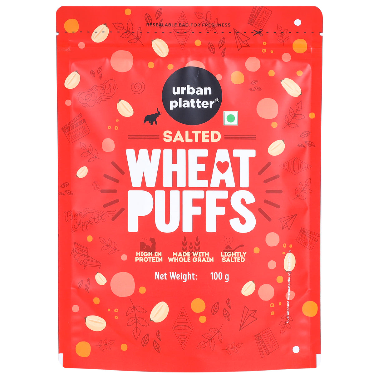 Urban Platter Salted Wheat Puff, 100g (Made from Whole Grain, High in Protein, Lightly Salted, Oil Free, Kid Friendly)